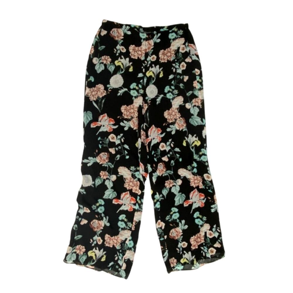 Women's Floral Wide Leg Pant Size 6 Black Stretch Vince Camuto Watercolor Melody